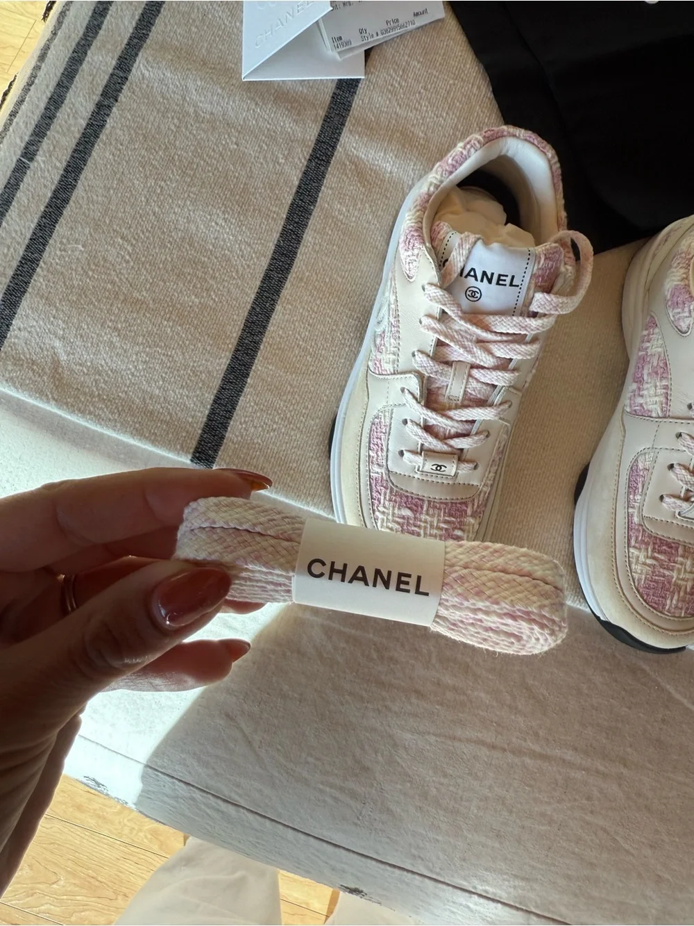 CHANEL Beige Suede & Pink Tweed Women's Sneakers